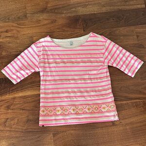 2013 J. Crew Neon Pink and Cream Striped Embroidered Women’s Top